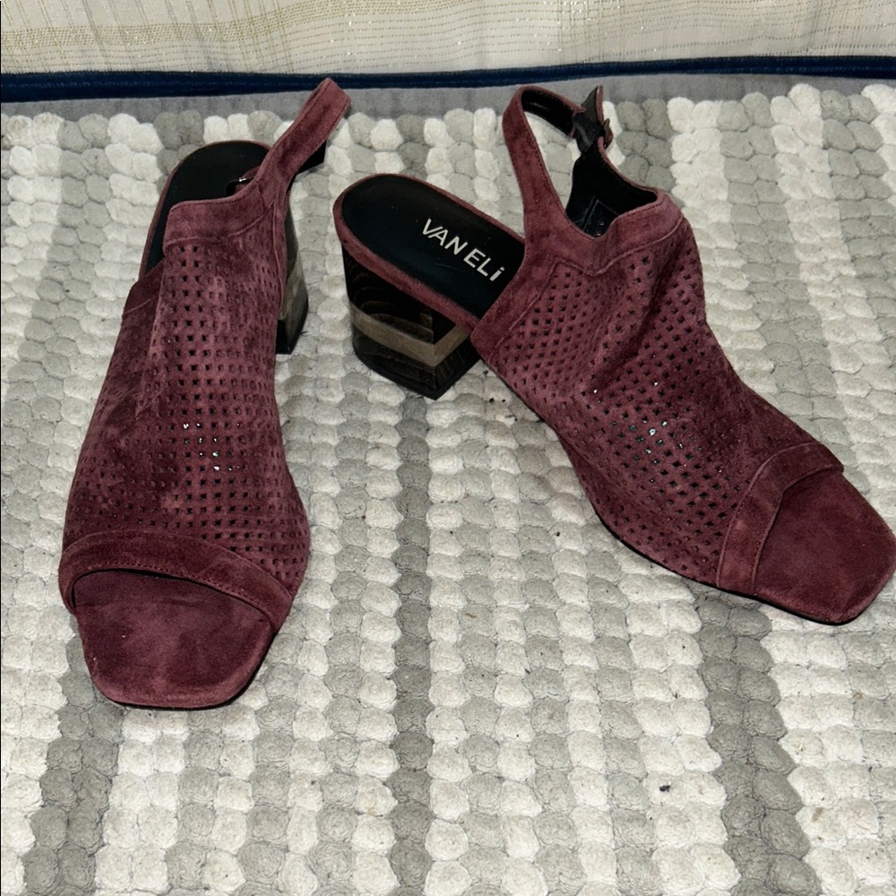 Vaneli Women's Wine Suede Perforated Slingback Block Heels